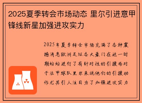 2025夏季转会市场动态 里尔引进意甲锋线新星加强进攻实力