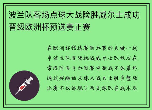 波兰队客场点球大战险胜威尔士成功晋级欧洲杯预选赛正赛