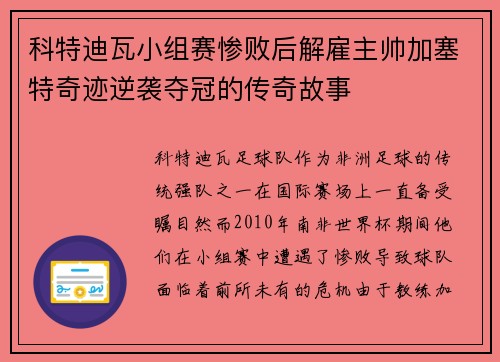 科特迪瓦小组赛惨败后解雇主帅加塞特奇迹逆袭夺冠的传奇故事
